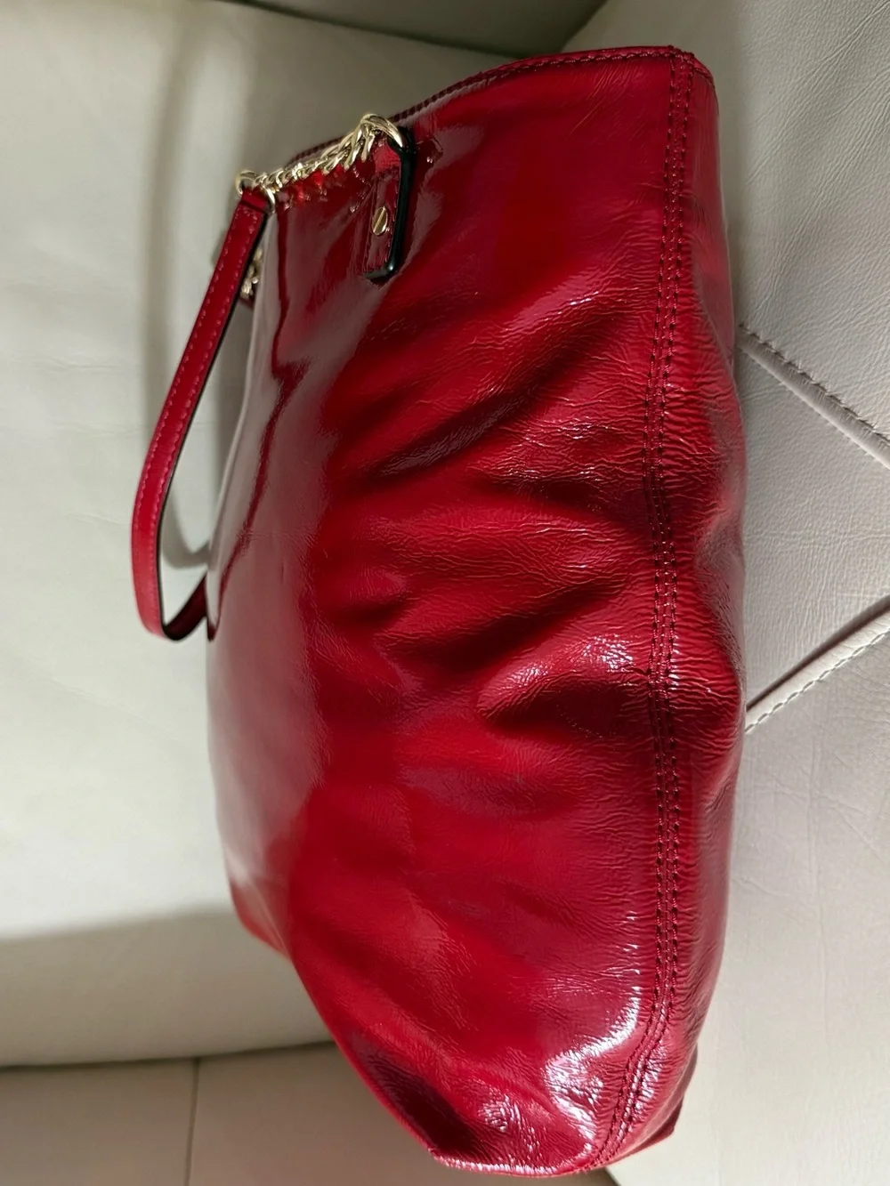 Michael Kors Shiny Red Patent Leather Tote with Gold Chain Handles